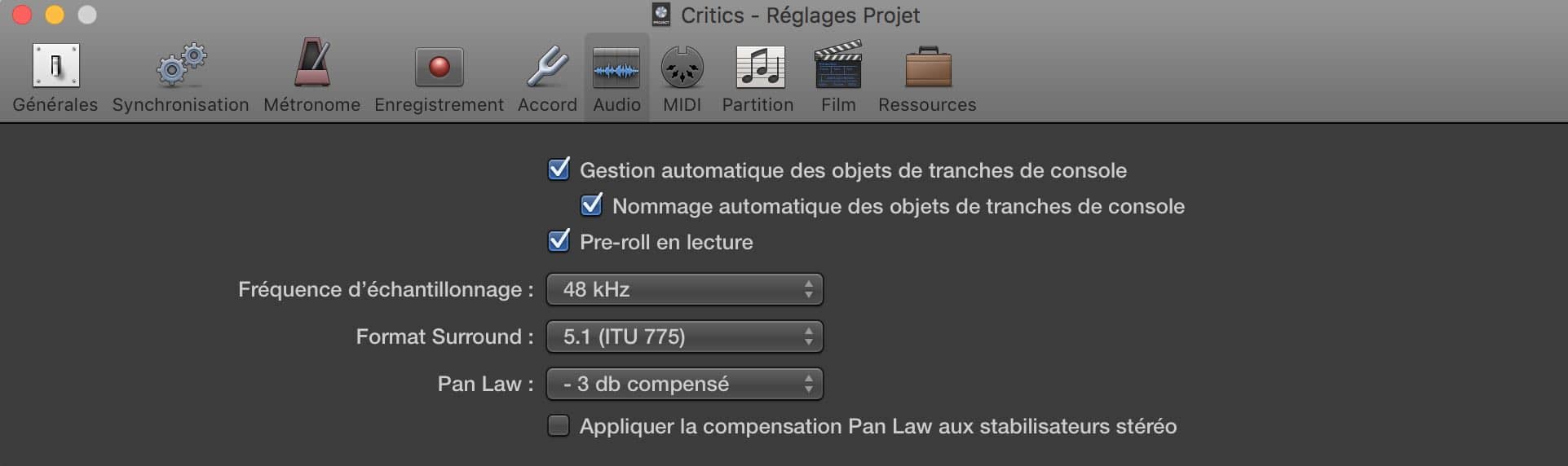 reglages projet logic pro x