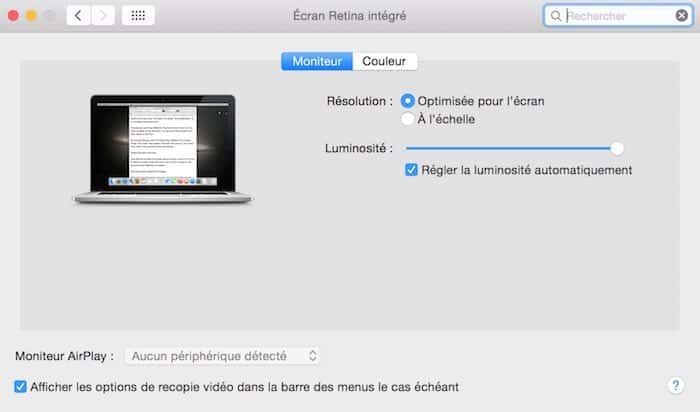 Préférence moniteur OS X Macbook pro rétina