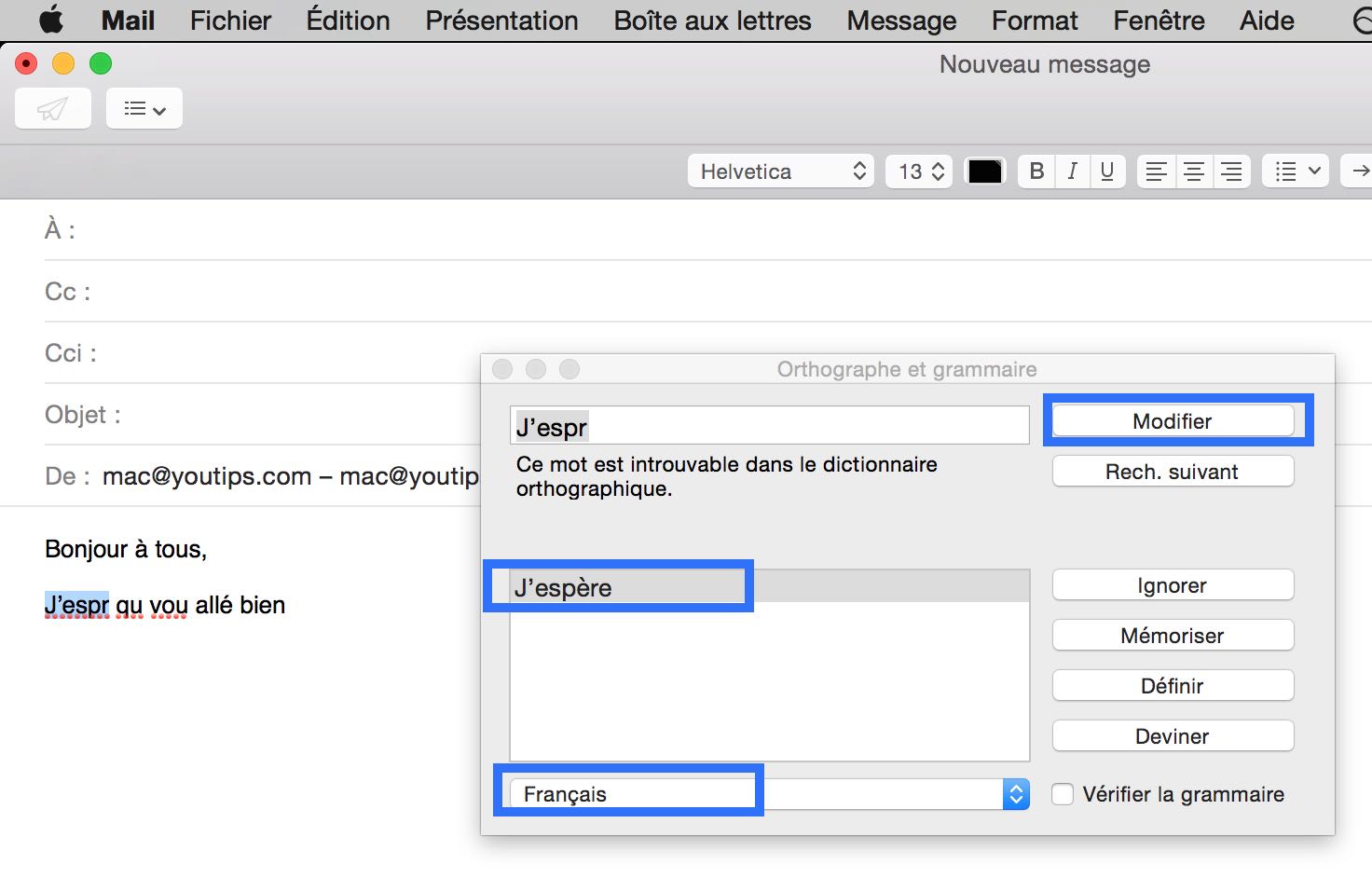 Raccourci clavier Mac pour corriger l'orthographe de vos mails3