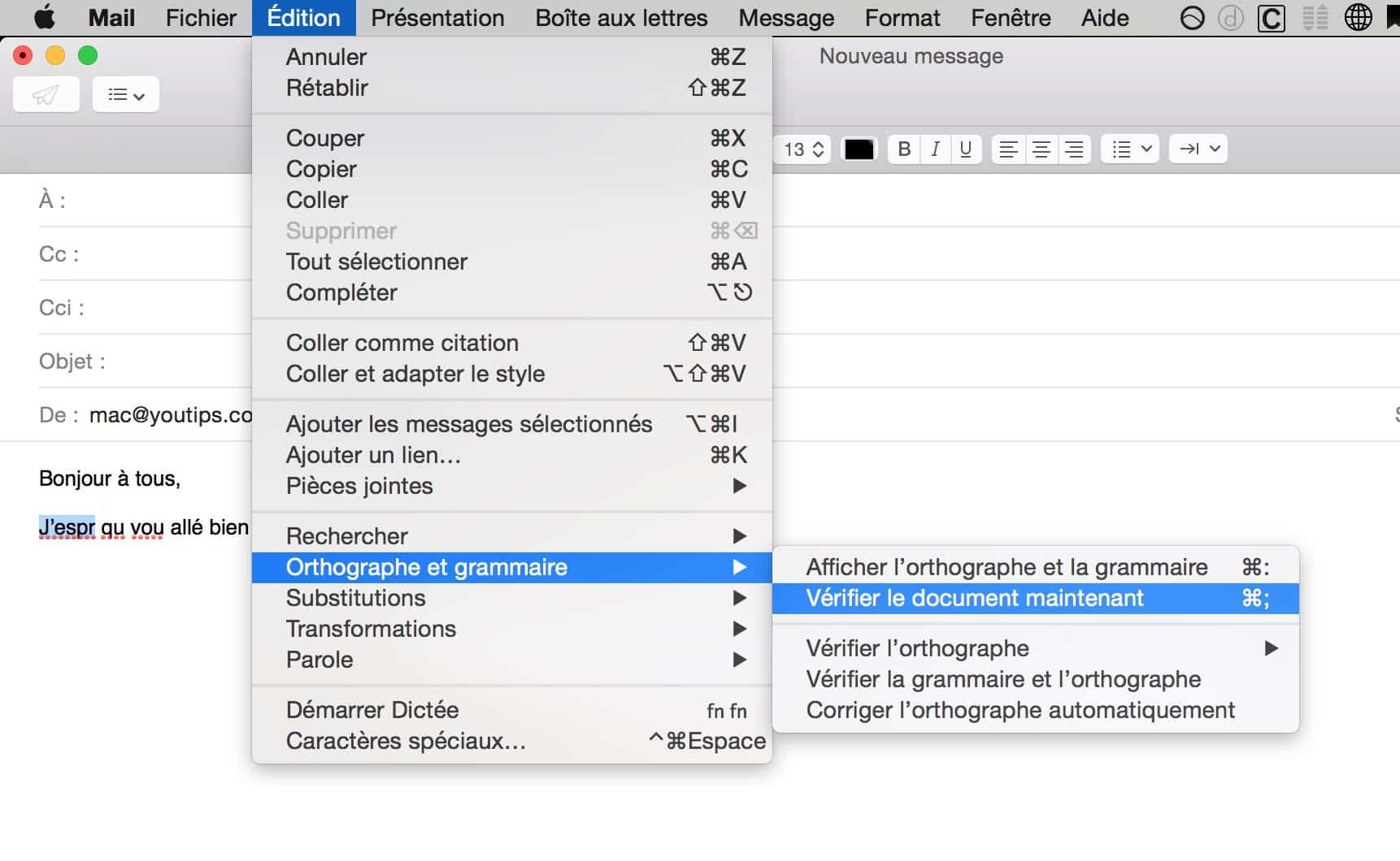 Raccourci clavier Mac pour corriger l'orthographe de vos mails5