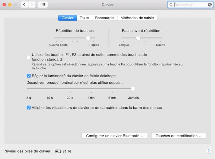 réglages clavier os x yosemite touche F5 F6