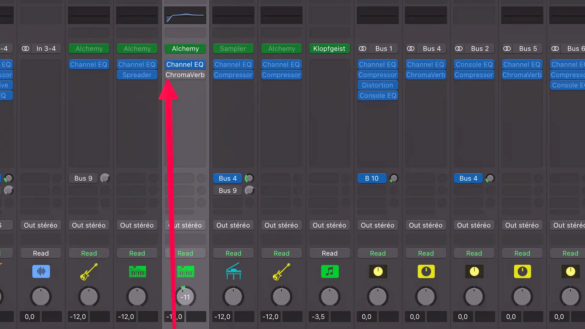 effet bypassé dans la table de mixage de logic pro