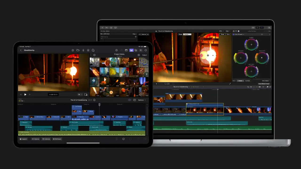 Final Cut Pro ouvert sur un MacBook Pro et sur un iPad, un plan de clip en cours de montage
