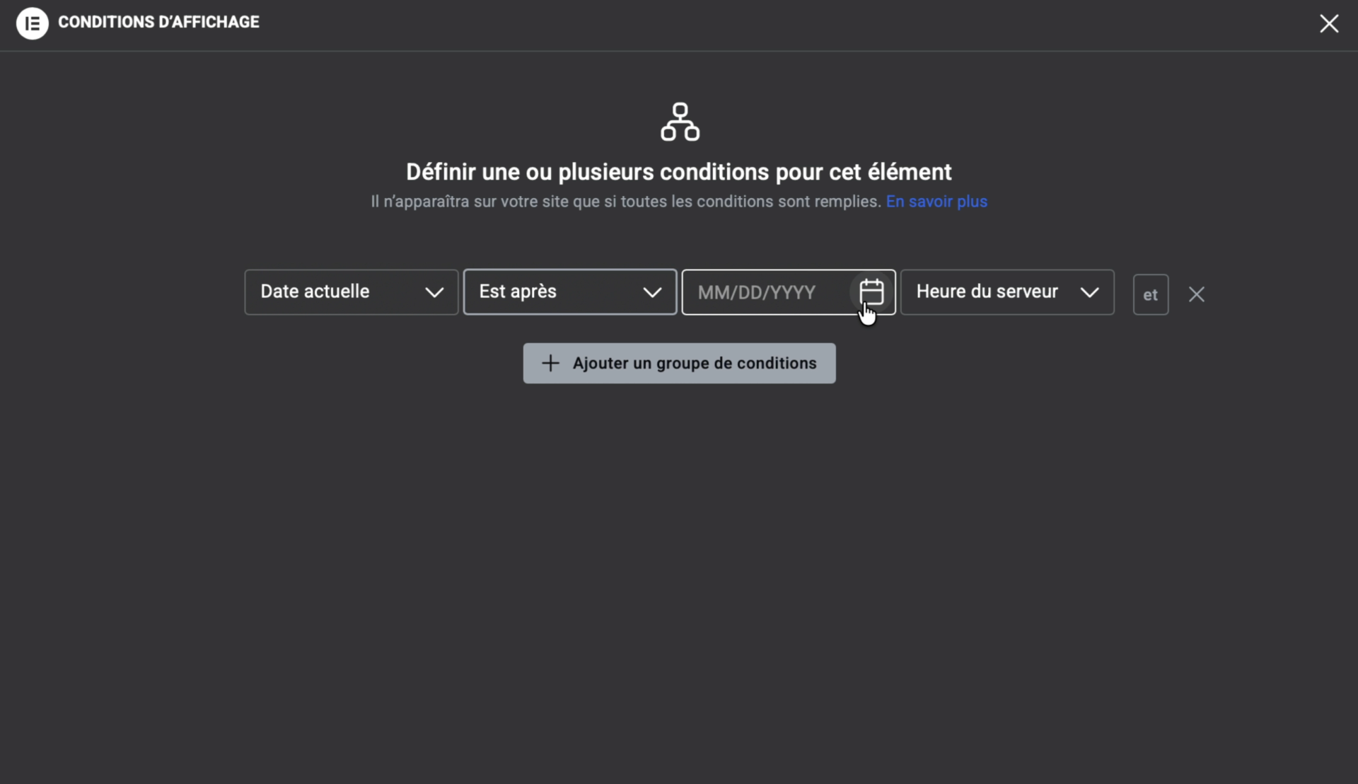 Capture d'écran : Définir les conditions d'affichage