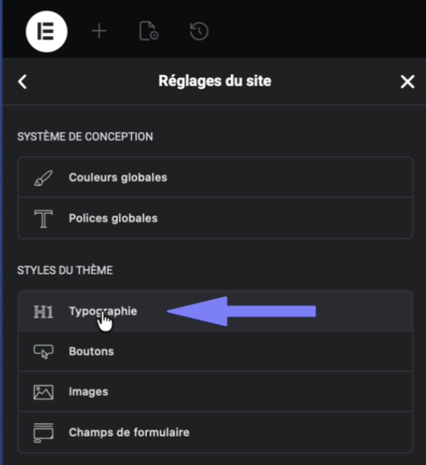 Capture d'écran : Ajuster la taille des titres H1, H2, H3… dans Elementor