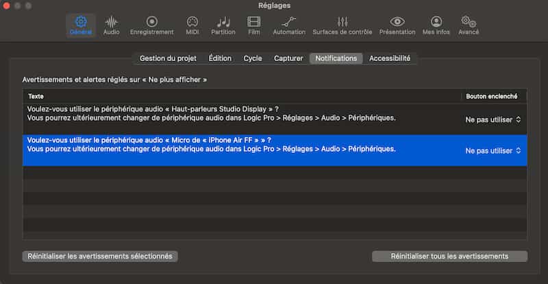 comment faire pour que l'iphone ne demande plus à devenir le micro de logic pro