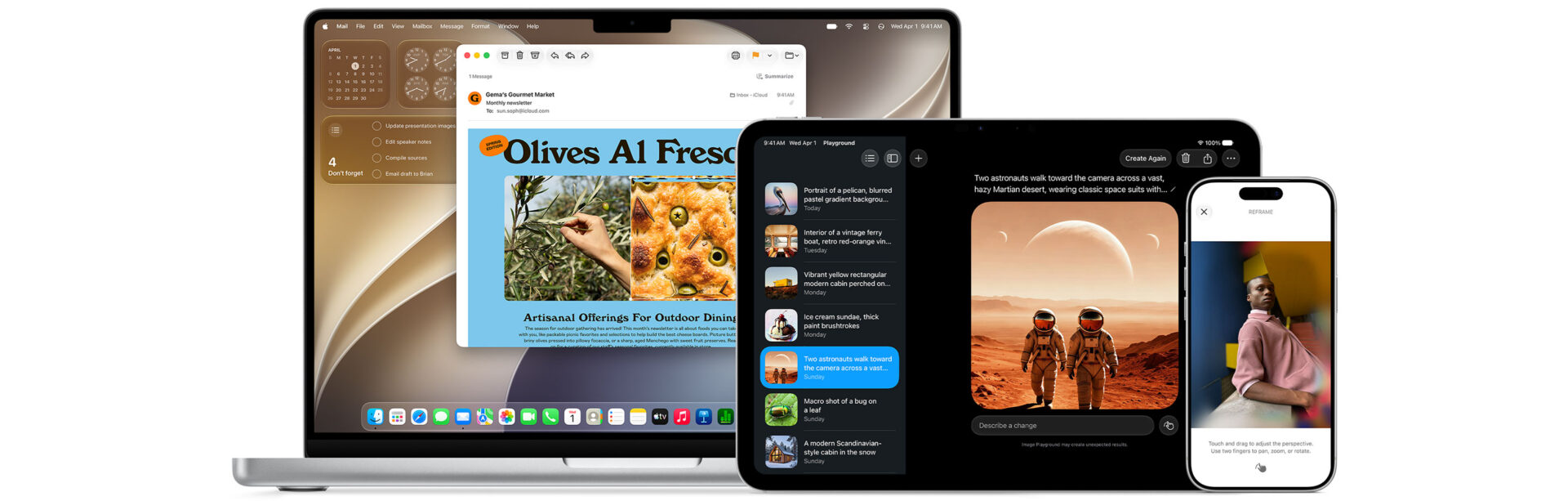 MacBook Pro, iPad et iPhone posés côte à côte, chacun affichant une application Apple