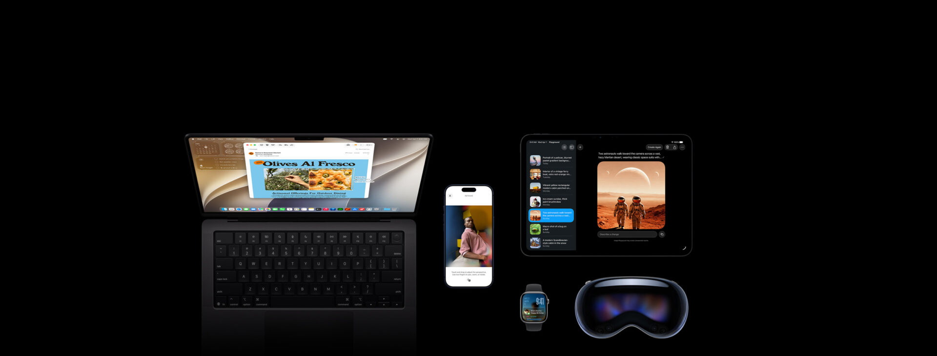 Gamme d'appareils Apple — Mac, iPad, iPhone et casque — alignés sur fond noir