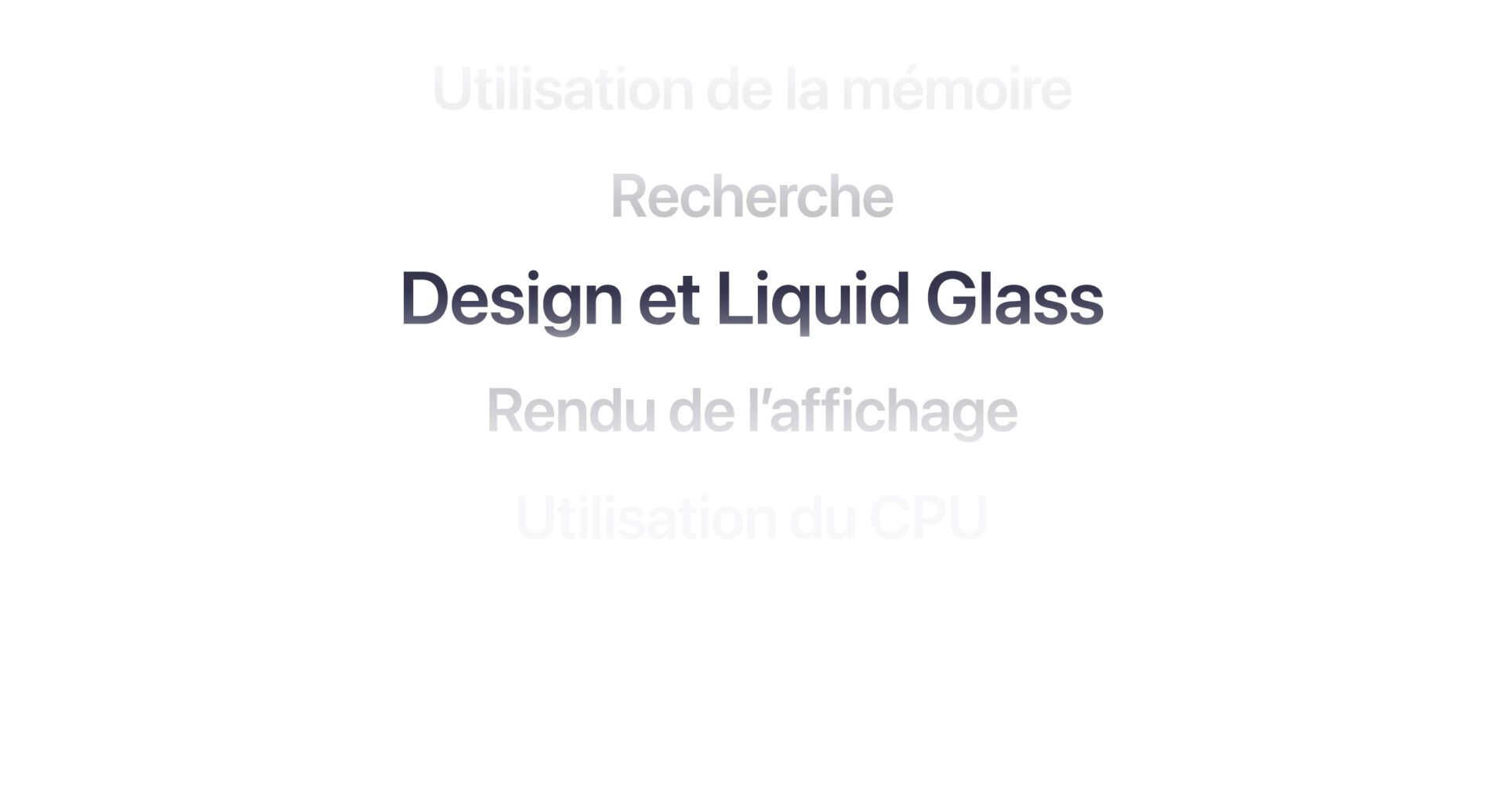 Liste des domaines retravaillés du système, « Design et Liquid Glass » mis en avant au centre