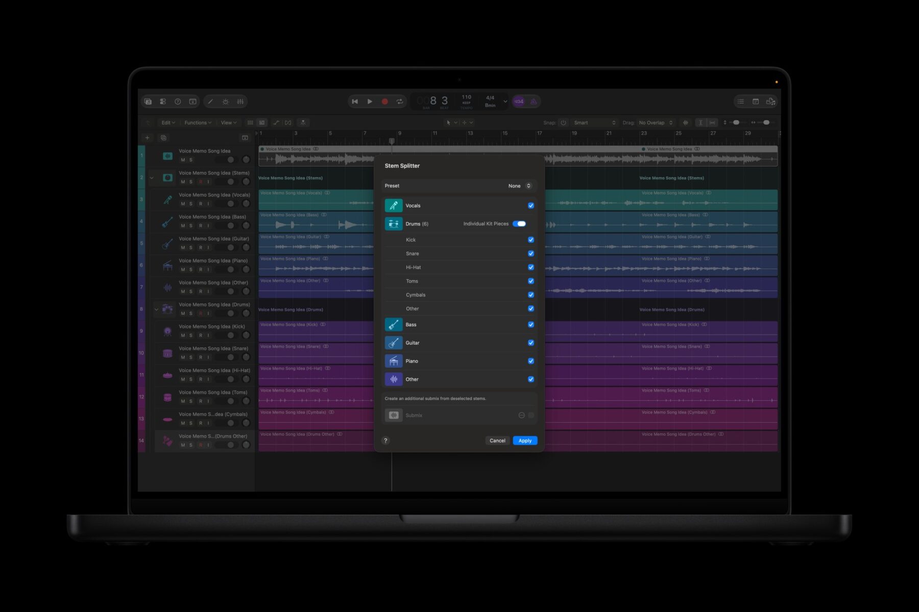 Le Stem Splitter de Logic Pro isole les éléments de la batterie
